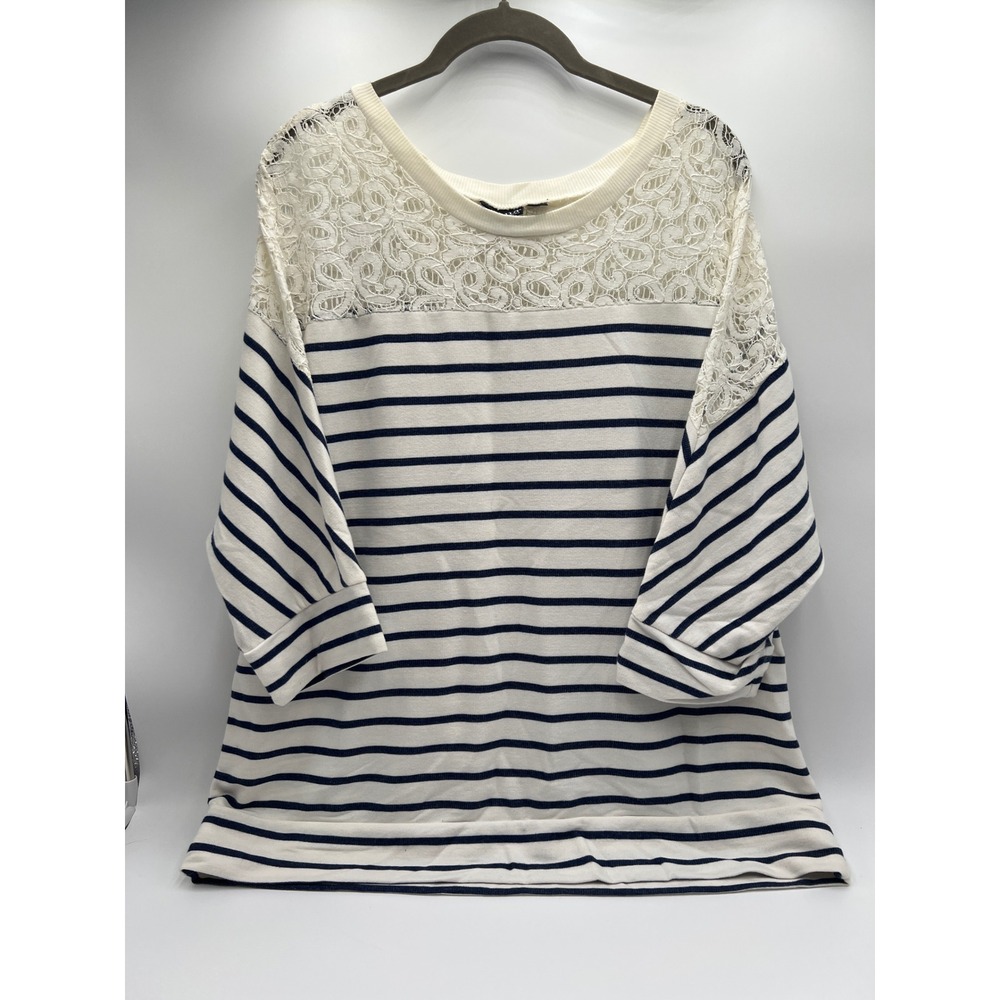 a.n.a Women's XL Striped Lace Shoulder 3/4 Sleeve Top Nautical Pullover